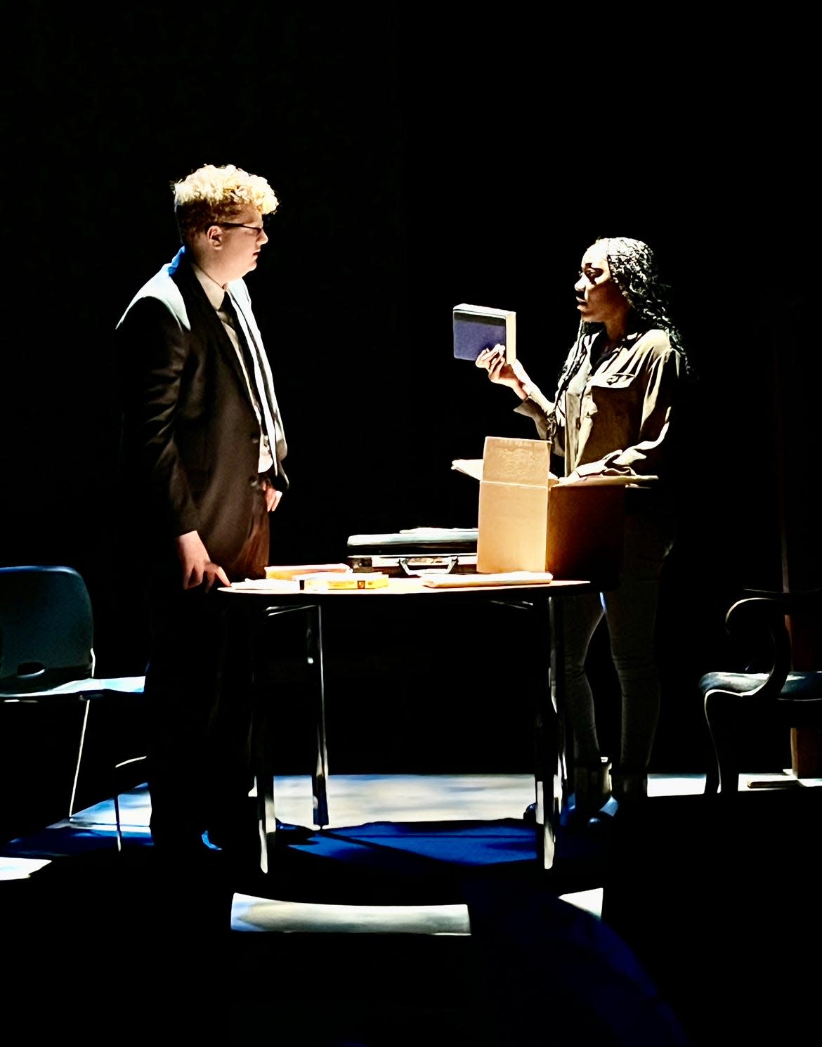 Actors Anderson Rambler and Naja Williams play mediator Dan Shaw and high school women's studies teacher Georgia Grimm in the world premiere of Eric Mansfield's "Trial By Fire" Thursday through Sunday at Firestone Theatre in Akron.