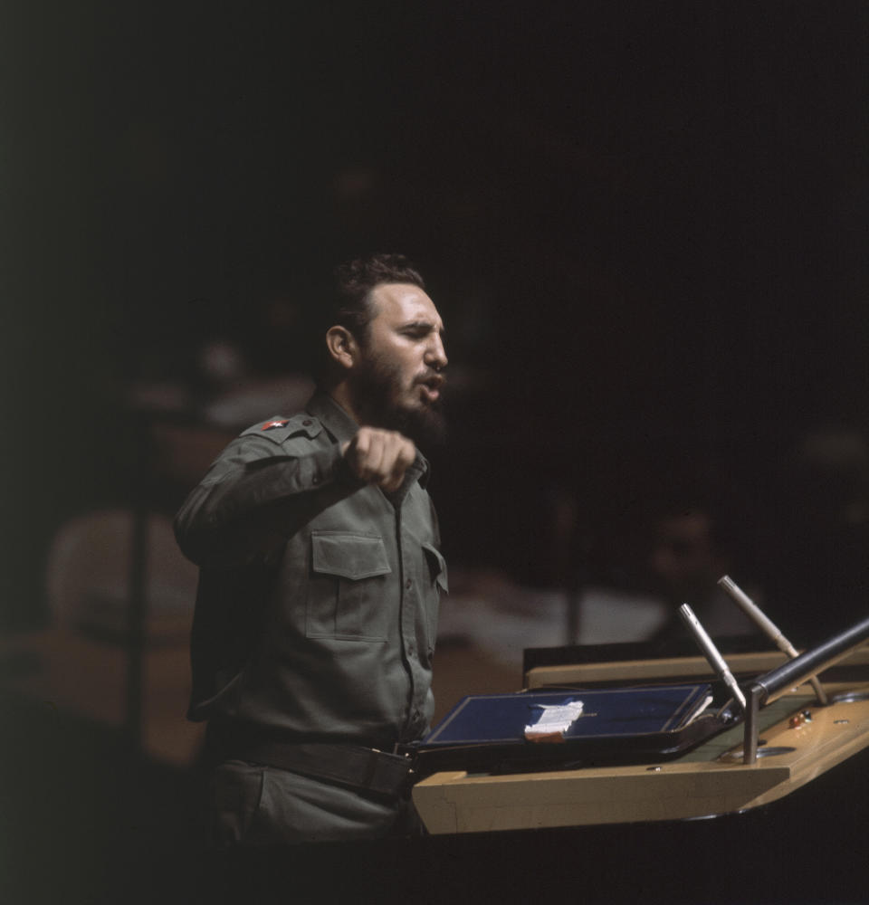 FILE - In this Sept. 27, 1960 file photo, Cuban Prime Minister Fidel Castro speaks to United Nations General Assembly, at U.N. headquarters. The Cuban leader gave many speeches at the U.N., railing at those he characterized as his country's capitalist oppressors. The U.N. asks leaders to keep their speeches brief. But that was never for Castro: his General Assembly address in 1960 was timed at 4 1/2 hours. (AP Photo/NC)