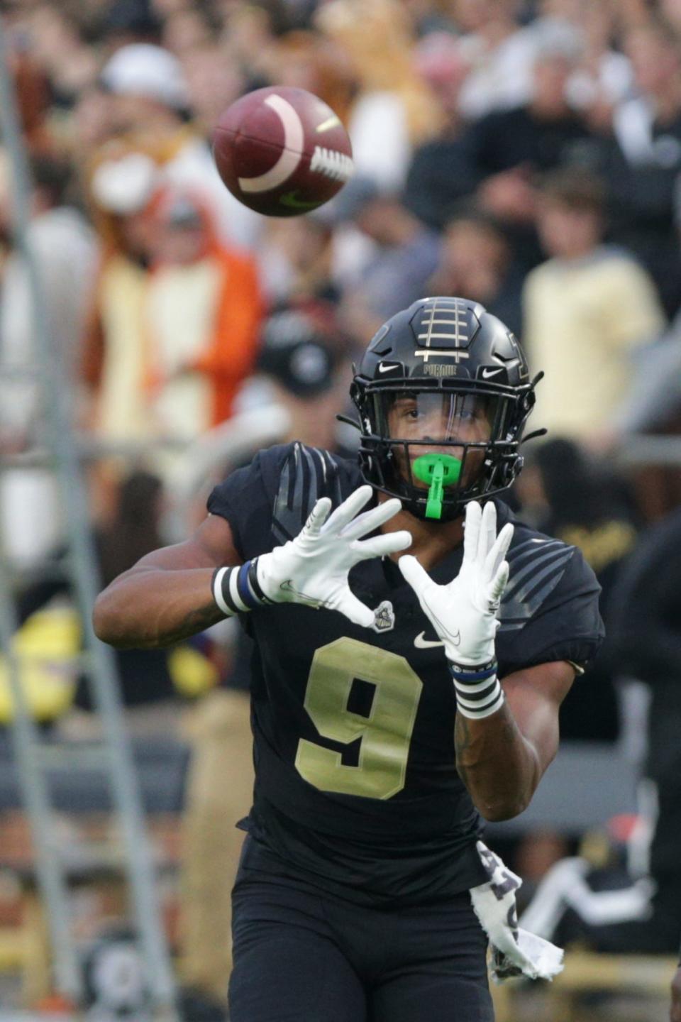 Purdue wide receiver Mershawn Rice (9) warms up prior to a NCAA football game between the Purdue Boilermakers and the Oregon State Beavers, Saturday, Sept. 4, 2021 in West Lafayette.