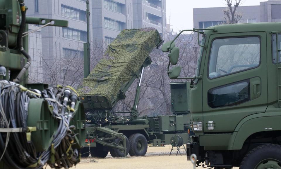 A PAC-3 Patriot missile unit is deployed against the North Korea's missile firing, at the Defense Ministry in Tokyo, Monday, March 6, 2017. North Korea on Monday fired four banned ballistic missiles that flew about 1,000 kilometers (620 miles), with three of them landing in Japan's exclusive economic zone, South Korean and Japanese officials said, in an apparent reaction to huge military drills by Washington and Seoul that Pyongyang insists are an invasion rehearsal. (AP Photo/Shizuo Kambayashi)