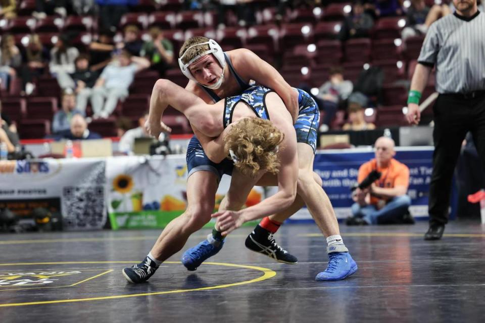 Penns Valley’s Ty Watson controls Sharpsville’s Caullin Summers in their 152-pound PIAA Class 2A consolation third round match on Friday, March 8, 2024 at the Giant Center in Hershey. Watson topped Summers, 7-3, to earn his third straight PIAA medal.
