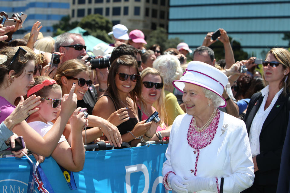 PERTH, AUSTRALIA - OCTOBER 29:  Queen Elizabeth II greets well-wishers on the final day of the Queen's Australian tour at the Great Aussie BBQ on October 29, 2011 in Perth, Australia. The Queen and Duke of Edinburgh visited Canberra, Brisbane, and Melbourne before heading to Perth for the Commonwealth Heads of Government meeting. The end of this visit marks the Queen's 16th to Australia.  (Photo by Murty Colin - Pool/Getty Images)