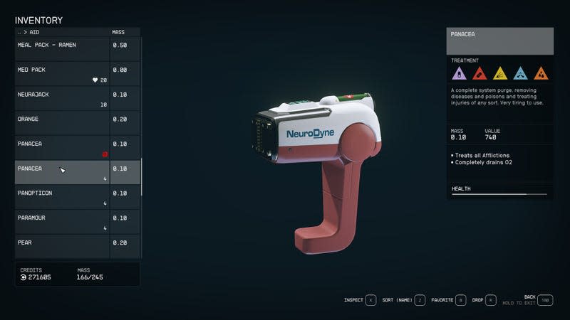 A screenshot of an Aid item in Starfield shows what afflictions it heals. 