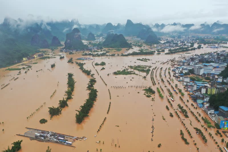 Aerial view shows the flooded Yangshuo town by the overflowing Li River