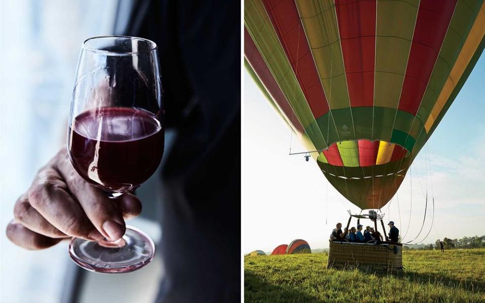 From left: A glass of Shiraz at Brokenwood; preparing for a morning ride over Hunter Valley with Balloon Aloft.