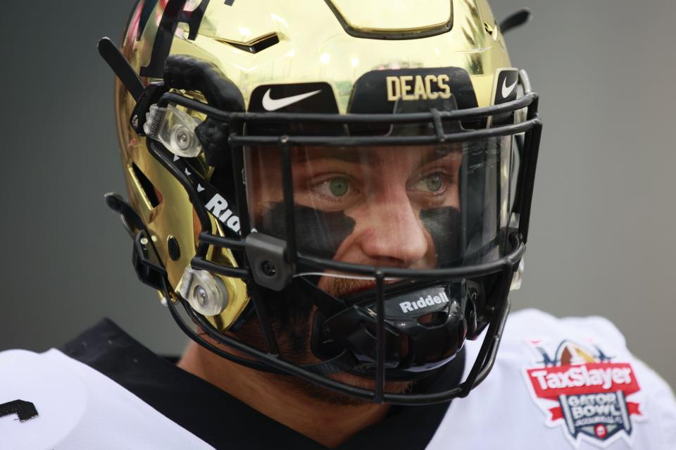 Wake Forest linebacker Luke Masterson looks on at the TaxSlayer Gator Bowl on Dec. 31 in Jacksonville where the Demon Deacons defeated Rutgers, 38-10. Masterson led Wake Forest in tackles after switching to linebacker, and is playing in the Hula Bowl on Saturday in Orlando with former Gulf Coast High teammate Cameron Kaye.