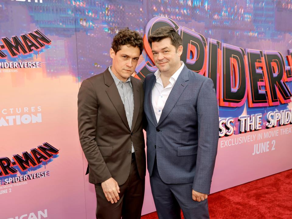 Phil Lord and Chris Miller attend the world premiere of "Spider-Man: Across The Spider-Verse" at Regency Village Theatre on May 30, 2023 in Los Angeles, California.