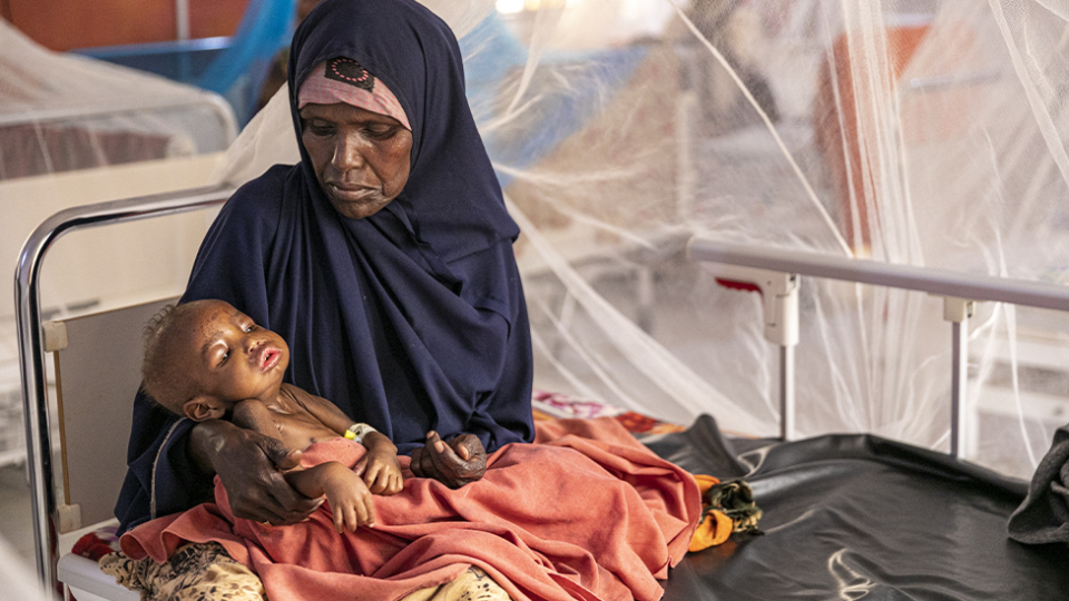 A woman in Somalia with a sick and malnourished baby.