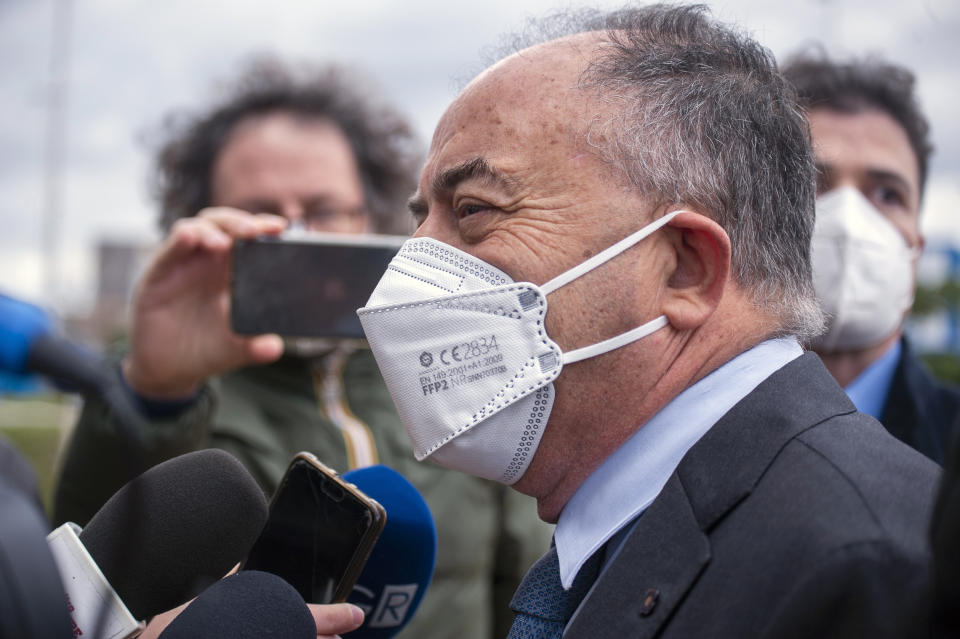 Anti-mafia Prosecutor Nicola Gratteri meets journalists as he arrives at a specially constructed bunker for the first hearing of a maxi-trial against more than 300 defendants of the ‘ndrangheta crime syndicate, near the Calabrian town of Lamezia Terme, southern Italy, Wednesday, Jan. 13, 2021. A maxi-trial opened Wednesday in southern Italy against the ‘ndrangheta crime syndicate, arguably the world's richest criminal organization that quietly amassed power in Italy as the Sicilian Mafia lost its influence. (Valeria Ferraro/LaPresse via AP)