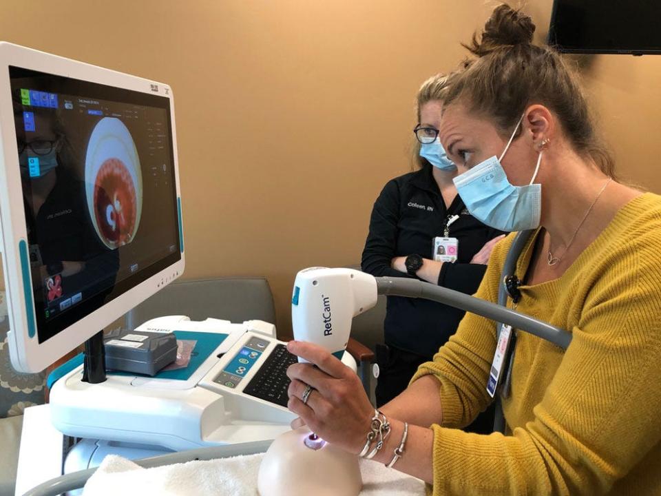 Nurses at Wentworth-Douglass familiarize themselves with the RetCam, a camera that allows them to do specialized eye exams on infants for retinopathy of prematurity. Retinopathy of prematurity is an eye disease that affects retinal development in babies who are born prematurely. Nurses at Wentworth-Douglass can now do the exams locally and upload the images to Mass Eye and Ear retina specialist in Boston, Mass.