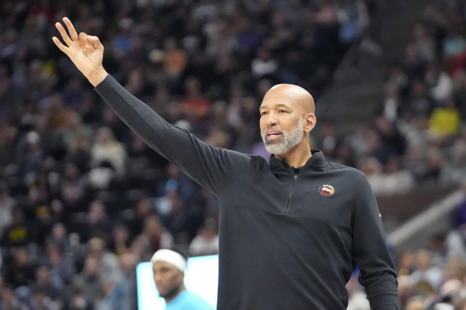 Phoenix Suns head coach Monty Williams directs his team during the first half of an NBA basketball game against the Utah Jazz, Monday, March 27, 2023, in Salt Lake City. (AP Photo/Rick Bowmer)