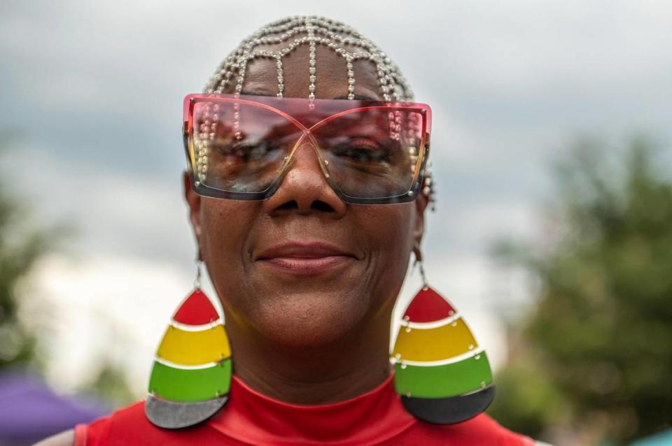 Betty Jone sports Rastafari themed accessories during the Juneteenth KC 12th annual Heritage Festival at the18th and Vine district on Saturday, June 17, 2023, in Kansas City.