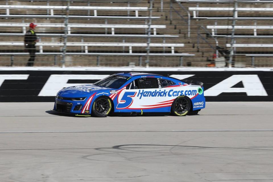 Apr 13, 2024; Fort Worth, Texas, USA; NASCAR Cup Series driver Kyle Larson (5) during practice for the NASCAR Cup Series AutoTrader EchoPark Automotive 400 at Texas Motor Speedway. Michael C. Johnson/USA TODAY Sports