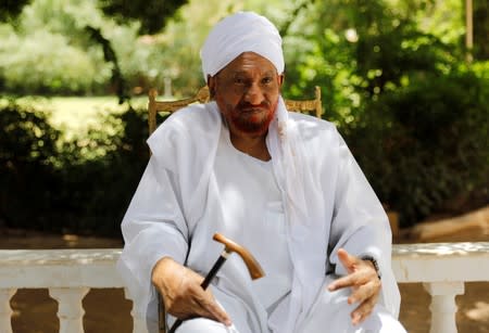 Leading Sudanese opposition figure Sadiq al-Mahdi talks during an interview with Reuters in Khartoum