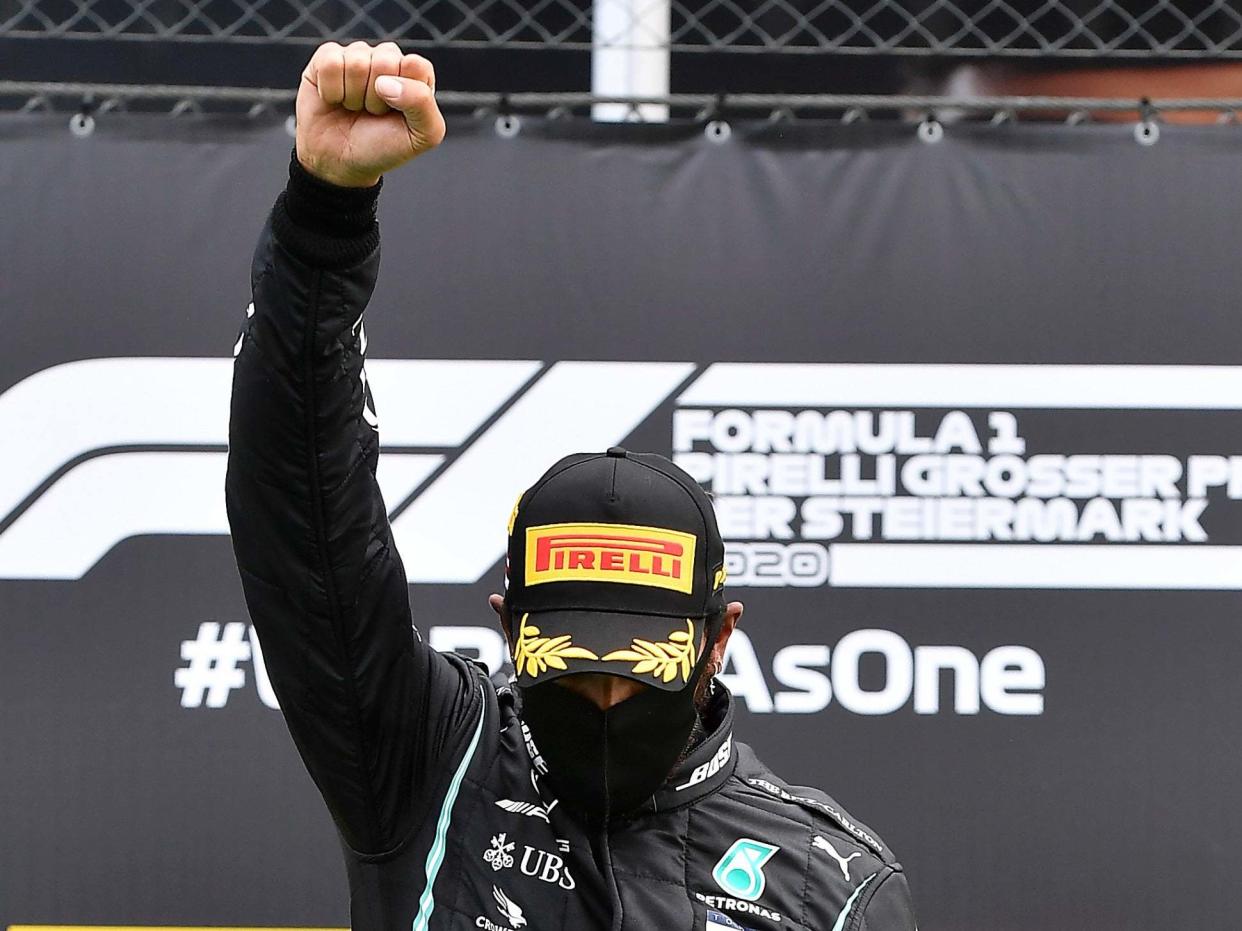 Lewis Hamilton gives the black power salute after winning the Styrian Grand Prix: AP