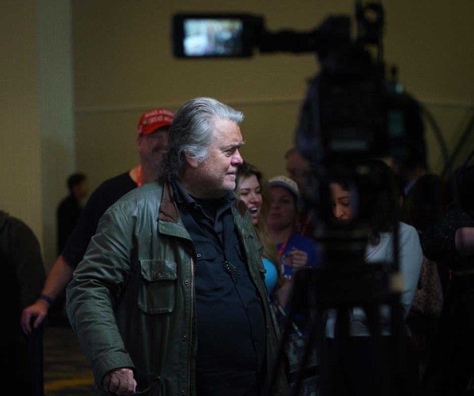 Steve Bannon, former President Donald Trump White House Chief Strategist, speaks to media prior to the start of the Conservative Political Action Conference, CPAC 2024, at the Gaylord National Resort & Convention Center.