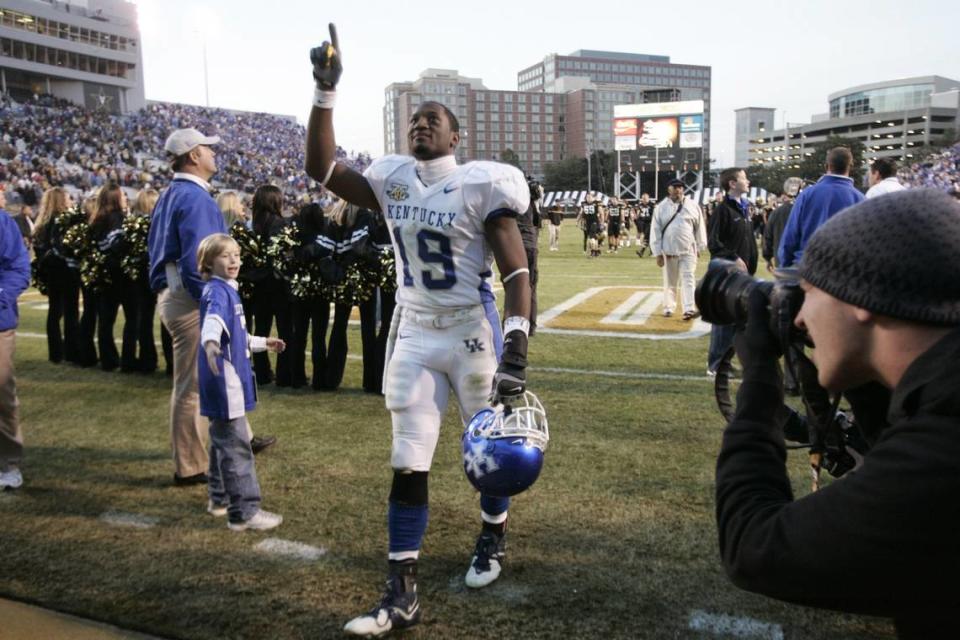 Keenan Burton addresses fans as he leaves the field following a UK victory over Vanderbilt in 2007. Burton went on to play two seasons in the NFL for the St. Louis Rams.