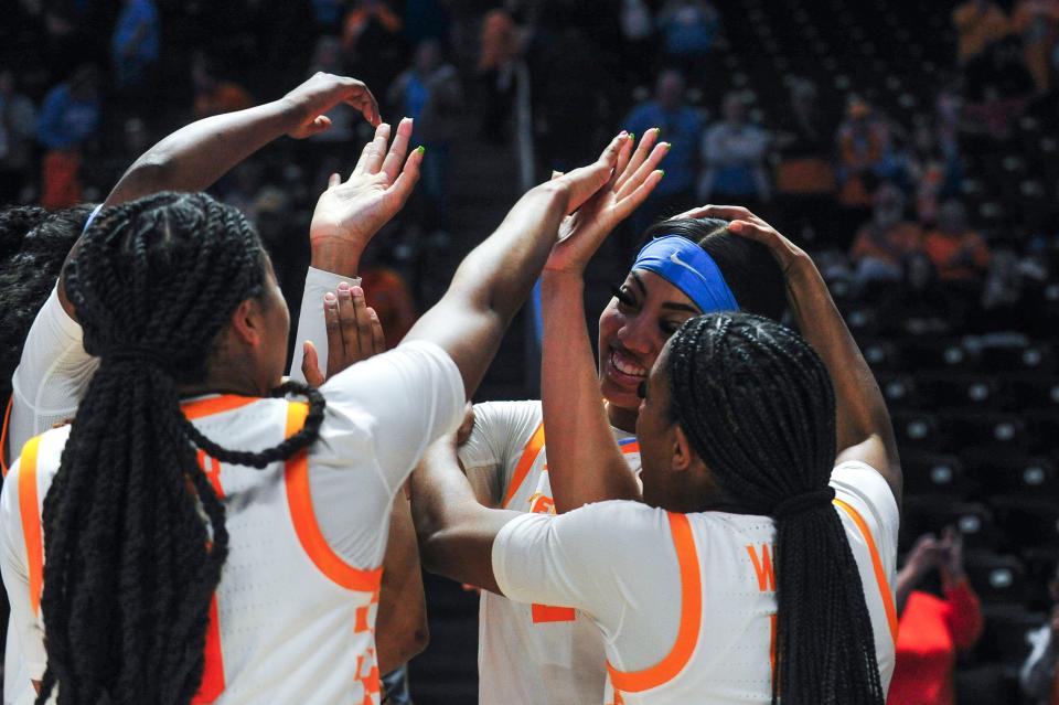 Tennessee center Tamari Key (20) reached 1000 points during a NCAA game at Thompson-Boling Arena at Food City Center in Knoxville, Thursday, Feb. 29, 2024. The Lady Vols won 75-66 against Texas A&M.