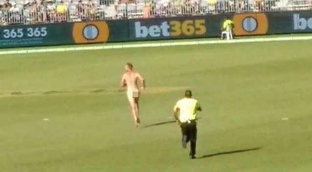 Ben Jenkins streaked across Optus Stadium during a one-day cricket match on January 28. Source: Twitter