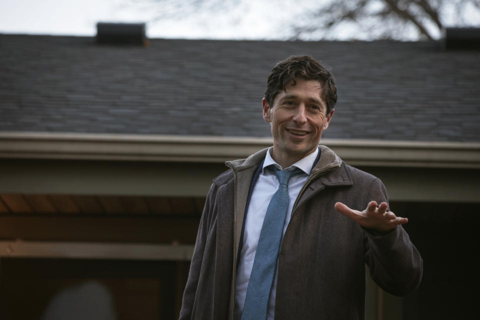 Minneapolis Mayor Jacob Frey speaks to his constituents at his "Mayor on the Block" event on Tuesday, Oct. 26, 2021 in Minneapolis. (AP Photo/Christian Monterrosa)