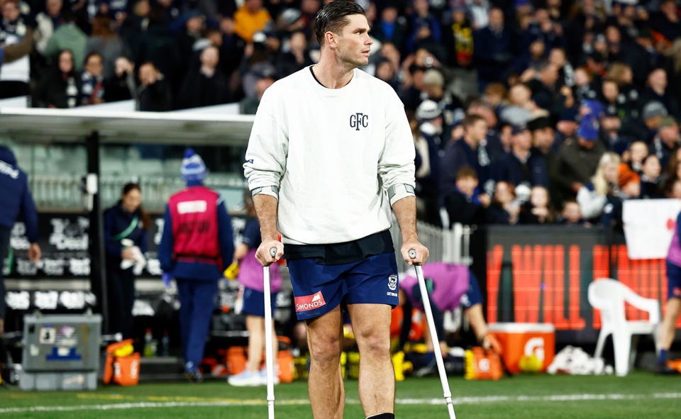 Tom Hawkins, pictured here after hurting his left foot in Geelong's loss to Carlton.