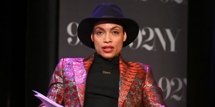 rosario dawson attends an evening of reckoning and rising launch of v formerly eve enslers new book reckoning and v day 25th anniversary celebration at 92nd street y on february 01, 2023 in new york city