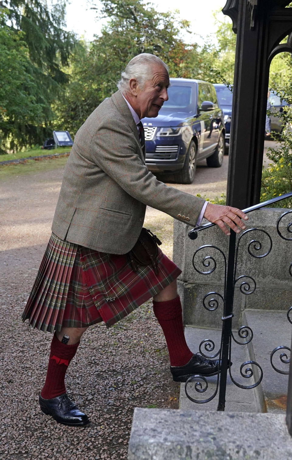 Britain's King Charles III arrives at Crathie Parish Church for a church service to mark the first anniversary of the death of Queen Elizabeth II, near Balmoral, Scotland, Friday, Sept. 8, 2023. (Andrew Milligan/Pool Photo via AP)