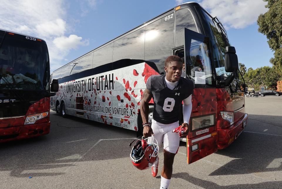 Utah cornerback Clark Phillips III exits the team bus during preparations for the Rose Bowl game against Ohio State at Dignity Health Sports Park in Carson, Calif., on Tuesday, Dec. 28, 2021. Phillips originally committed to the Buckeyes but had a change of heart and signed with Utah. | Jeffrey D. Allred, Deseret News