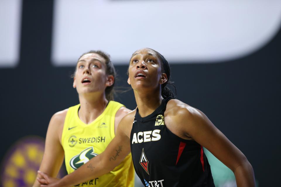 Wilson and Breanna Stewart during the 2020 Finals in the WNBA bubble
