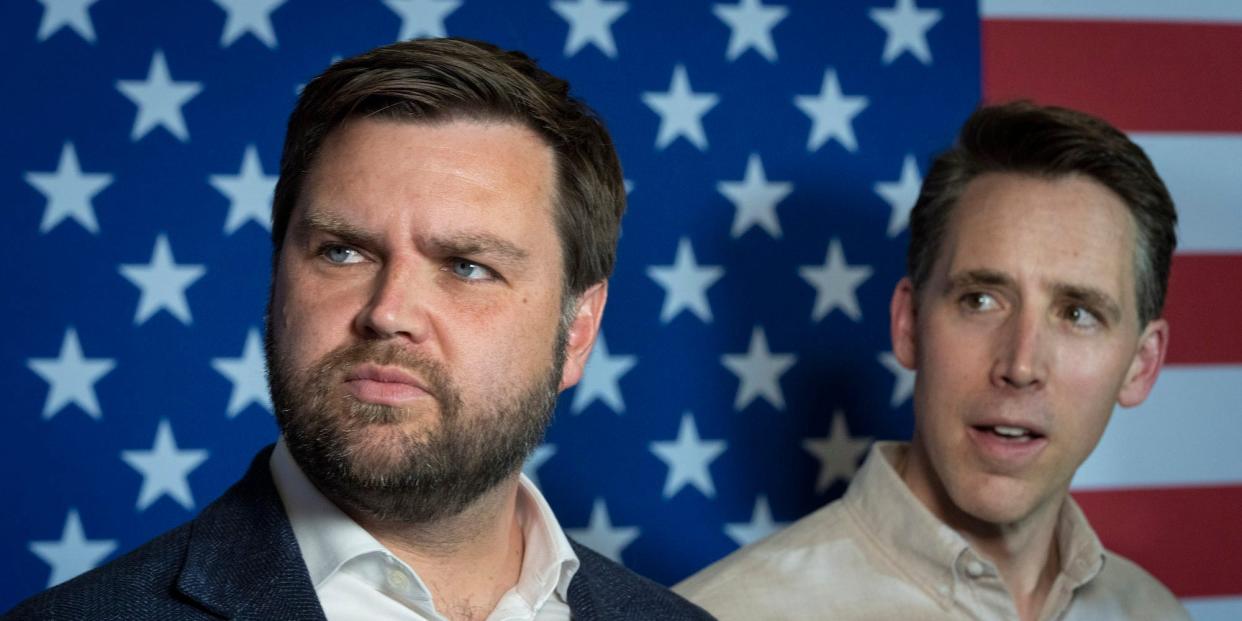 Republican Sens. JD Vance and Josh Hawley at a campaign event in Cuyahoga Falls, Ohio in May 2022.