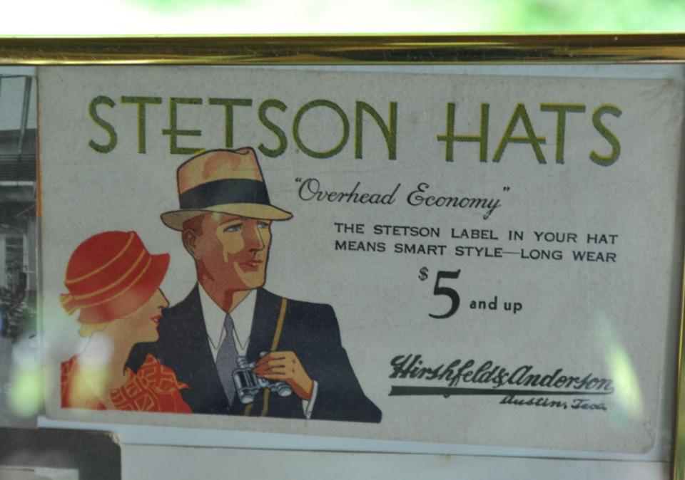 A decades-old newspaper ad is displayed selling Stetson men's hats during the Stetson Heritage Day in Norwell, Saturday, Aug. 19, 2023.