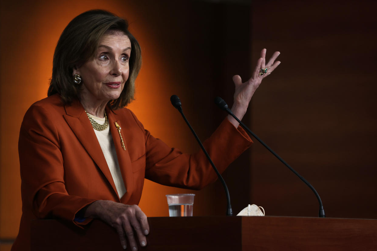WASHINGTON, DC - JANUARY 13: U.S. Speaker of the House Rep. Nancy Pelosi (D-CA) speaks during a weekly news conference at the U.S. Capitol January 13, 2022 in Washington, DC. 