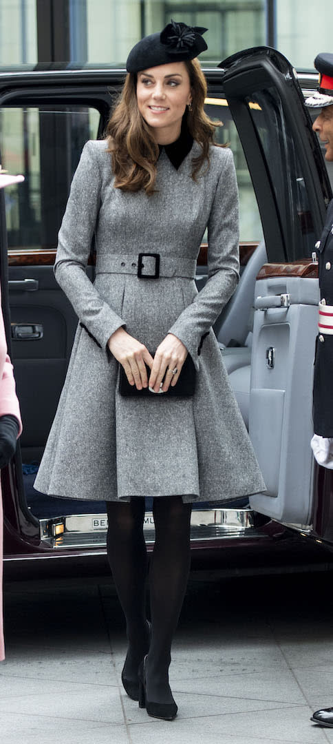 For a visit to King’s College to officially open Bush House alongside the Queen, the Duchess of Cambridge dressed in a chic grey Catherine Walker coat dress. She finished the ensemble with her favourite Mulberry clutch along with a Lock & Co hat. [Photo: Getty]