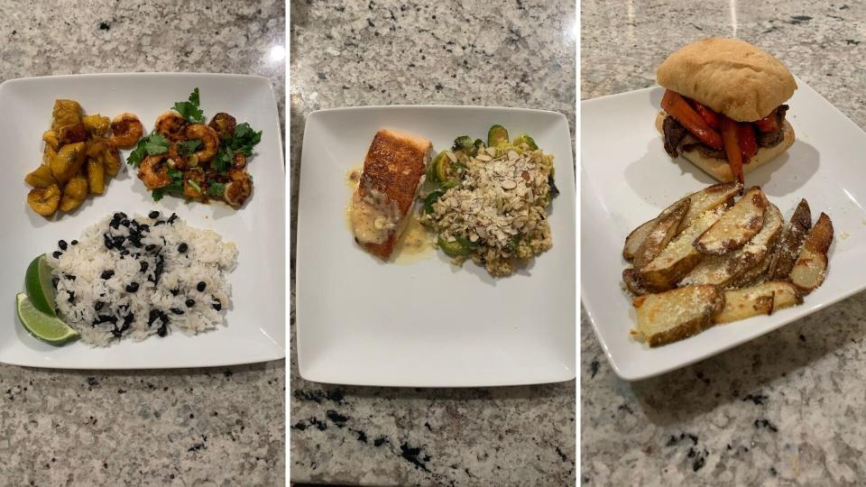 Danielle's Home Chef meals (left to right):&nbsp;mojo shrimp and plantain rice bowl; salmon and brown butter Hollandaise risotto;&nbsp;ciabatta steak sandwich with bacon aioli and parmesan potato wedges. (Photo: Danielle Gonzalez / HuffPost Finds)