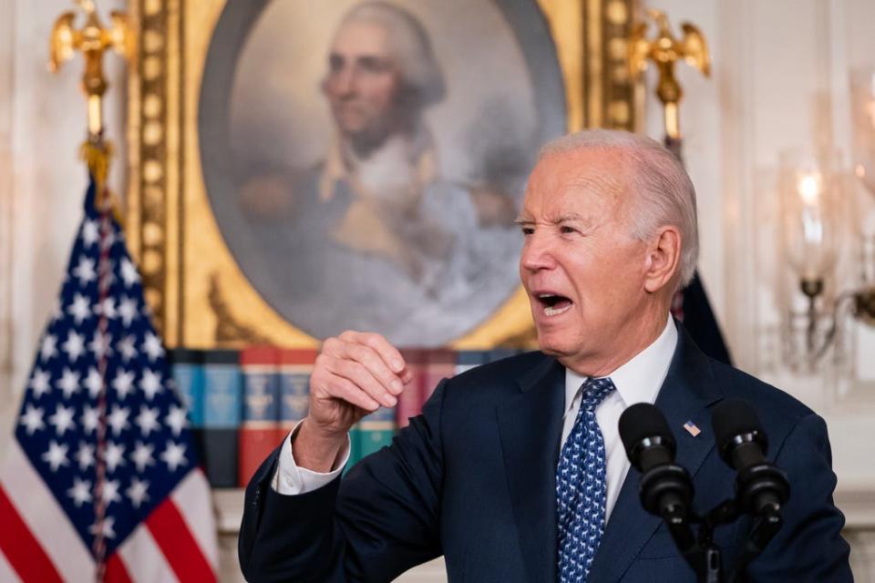 U.S. President Joe Biden delivers remarks in the Diplomatic Reception Room of the White House on Feb. 8, 2024 in Washington, DC. Biden addressed the Special Counsel's report on his handling of classified material, and the status of the war in Gaza.