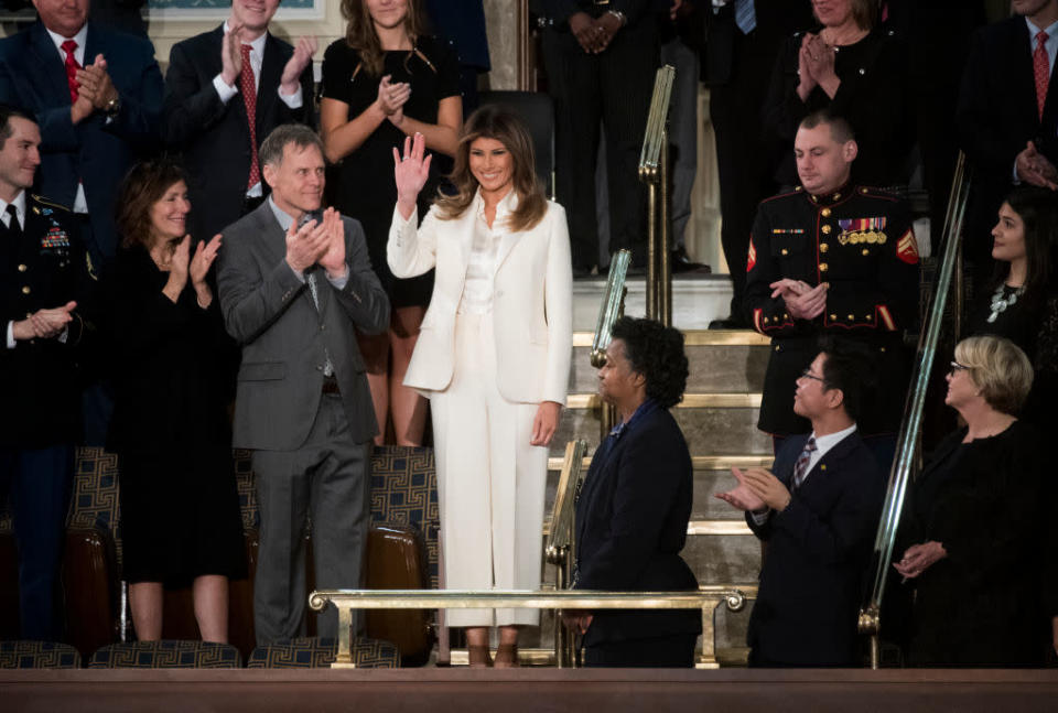 <p>Social media went into overdrive when Melania Trump arrived at the State of the Union address. Her cream-hued Dior suit accessorised with a Dolce and Gabbana shirt immediatley sparked debate, as it was undoubtedly much more than a standard outfit choice. <br>The First Lady seemingly drew reference to Hillary Clinton’s famous white suit and eagle-eyed social media users claimed it was a sartorial tribute to the feminist muse. And maybe just maybe, a dig at misogynistic Donald Trump. <em>[Photo: Getty]</em> </p>