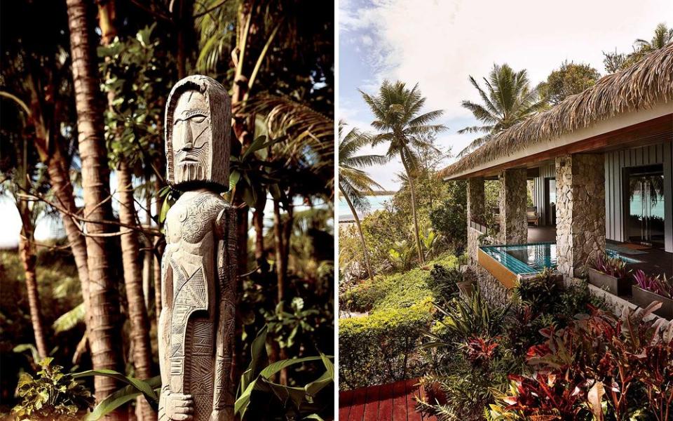 From left: Sculptures in the gardens at Kokomo were carved from fallen cinnamon trees; one of the three villas at Vatuvara, which all have an informal, personal feel.