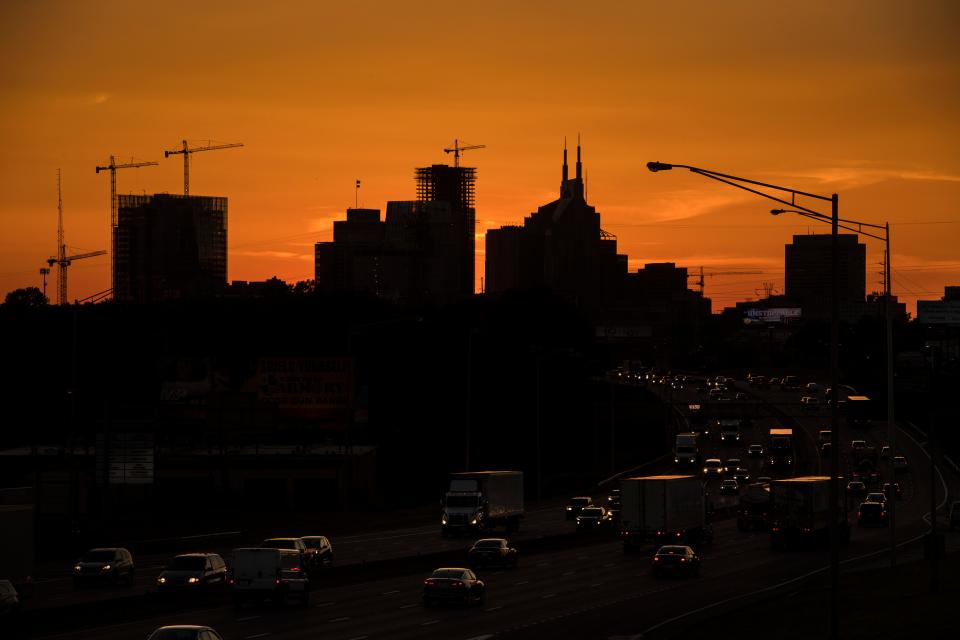 The Nashville skyline glows at sunset May 25, 2017. Nashville is booming. The new people who move to Nashville and can afford the rising prices of housing can find a place to live in or near downtown, the heart of economic activity and jobs. Those who cannot are being pushed farther away from their jobs, community networks, social services and transit options.