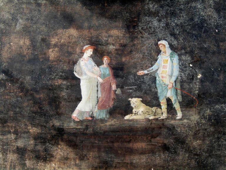 Uno de los frescos inspirados en la guerra de Troya que adornan una sala de banquetes y que fueron descubiertos en Pompeya. (Handout / Parco Archeologico di Pompei press office / AFP)