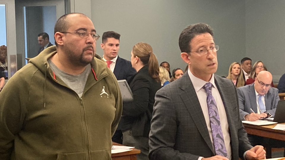 Steven Brown and defense attorney Ira Weissman in court Monday, March 18, 2024 in Central Islip