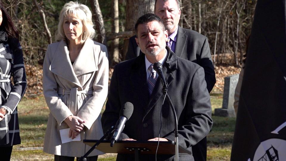 Then-City Councilor-elect Larry Quintal, spoke at a memorial for Raymond R. LaPointe on Nov. 20, 2021 at St. James Cemetery in East Taunton. Behind him, from left, are Mayor Shaunna O'Connell and City Councilor John McCaul.