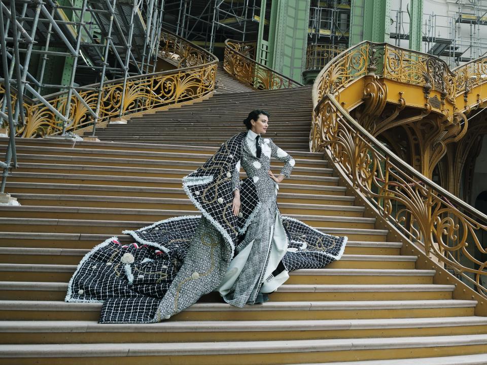 Shalom Harlow wears Thom Browne in Vogue's tribute issue to Karl Lagerfeld.