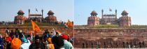 In this combination of pictures created on January 27, 2021, farmers gather at Red Fort as they continue to protest against the central government's recent agricultural reforms in New Delhi on January 26, 2021 (L) and (R) police stand guard at Red Fort in New Delhi on January 27, 2021. (Photo by Sajjad HUSSAIN and Jewel SAMAD / AFP) (Photo by SAJJAD HUSSAIN,JEWEL SAMAD/AFP via Getty Images)