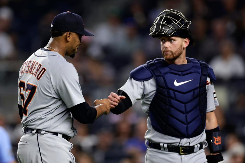 Detroit Tigers pitcher Jose Cisnero (67) bumps fists with catcher Carson Kelly walking to the dugout during the fourth inning at Yankee Stadium in New York on Wednesday, Sept. 6, 2023.