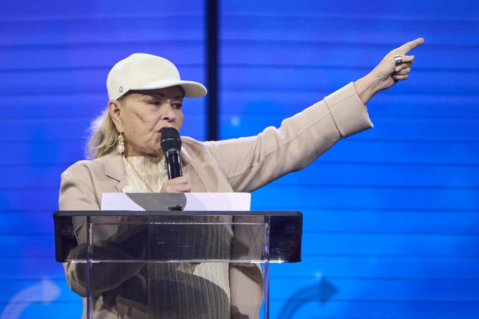 Roseanne Barr stumps for former President Donald Trump on Tuesday in Boone.