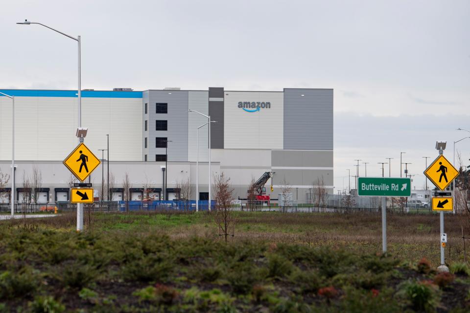 Amazon built a roundabout on Butteville Road as part of the warehouse project.