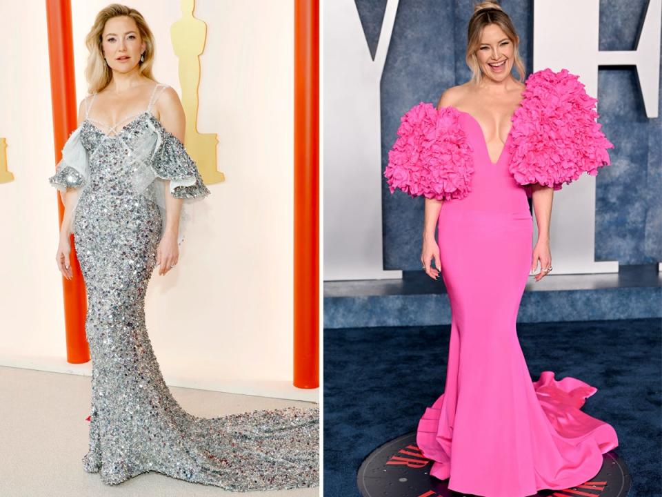 A side-by-side of Kate Hudson at the Oscars and the Vanity Fair Oscars After Party in 2023.