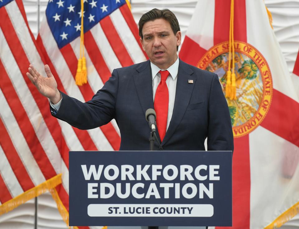 Florida Governor Ron DeSantis speaks to an audience of about 100 during his visit to Indian River State College's Eastman Advanced Workforce Training Complex on Wednesday , Feb. 7, 2024, in Fort Pierce. "We see an opportunity to use the job growth grant fund to really make an impact, not just with workforce, but also for the economy here on the Treasure Coast of Florida," DeSantis said. "So I am today pleased to be able to award a $4 million grant from the job growth grant fund to Indian River State College to create a new center for ballistics and emerging technologies."