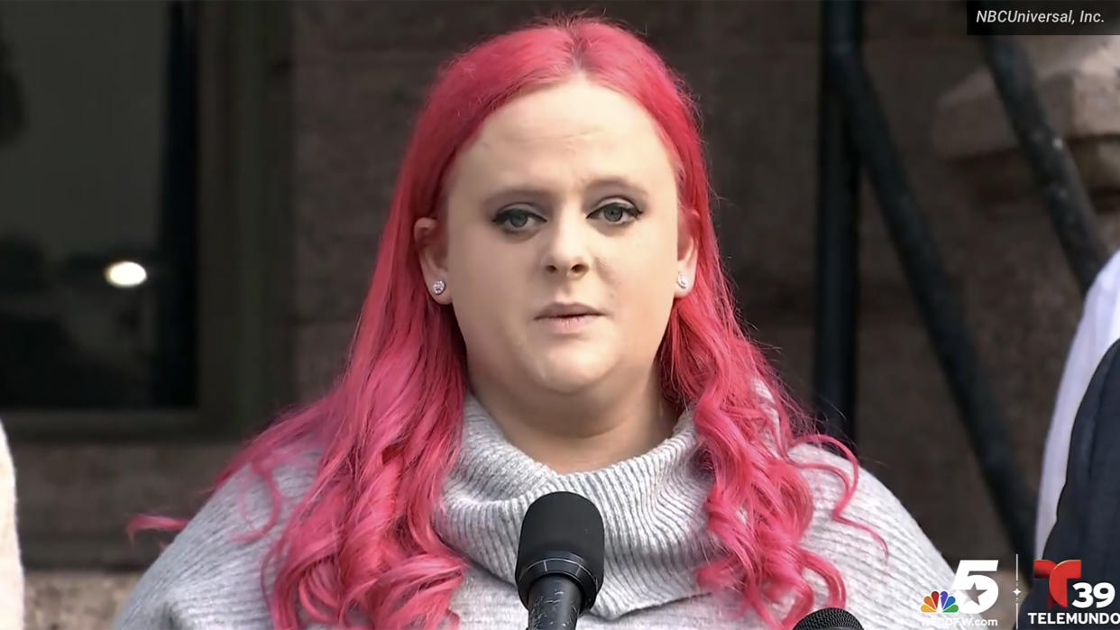 Athena Strand's mother, Maitlyn Gandy, speaks at a press conference on Dec. 8 about her daughter's abduction and death. (Couresty NBCDFW)