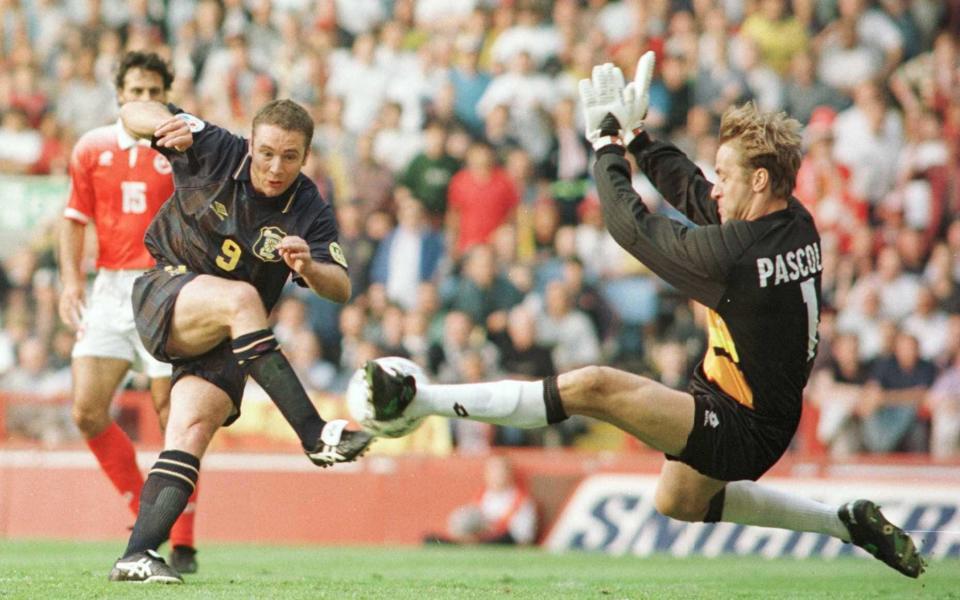  Ally McCoist of Scotland Shoots ,but the shot was saved by Marco Pascolo of Switzerland during Scotland v Switzerland, group A in the European Championship at Villa Park, Birmingham - Clive Brunskill/ALLSPORT